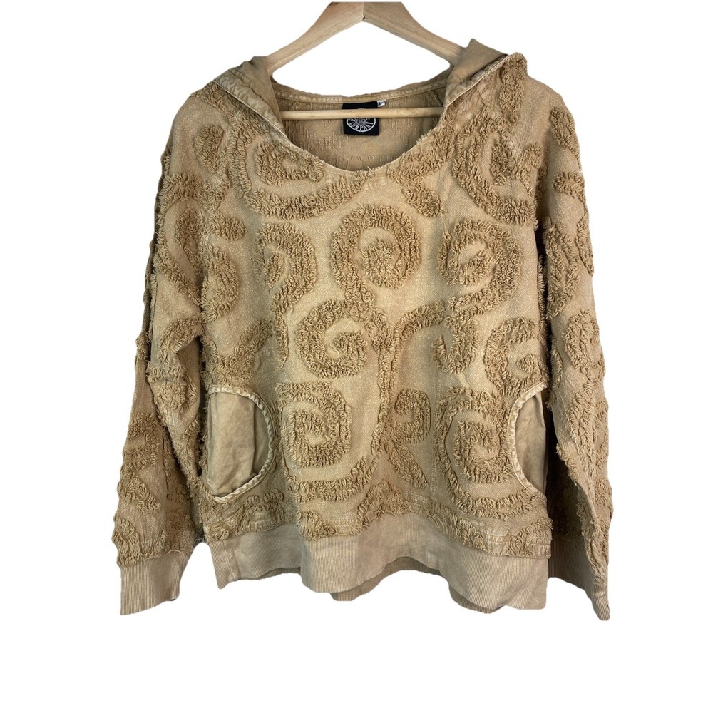 Produce Company Women's L Tan Cotton Chenille Crop Boho Hoodie Pullover Top